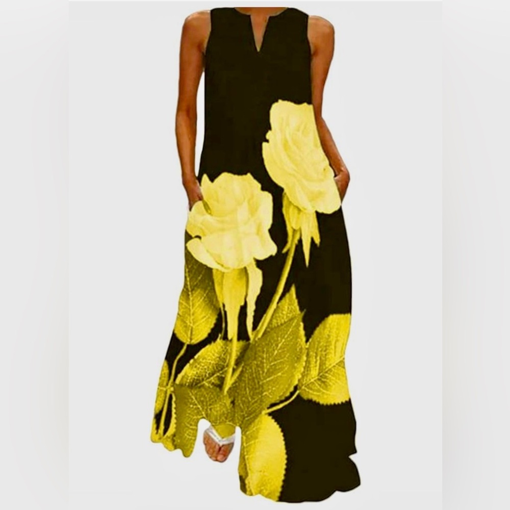 Just Fashion Now Black and Yellow Floral Maxi Dress With Pockets, NWT, Size S